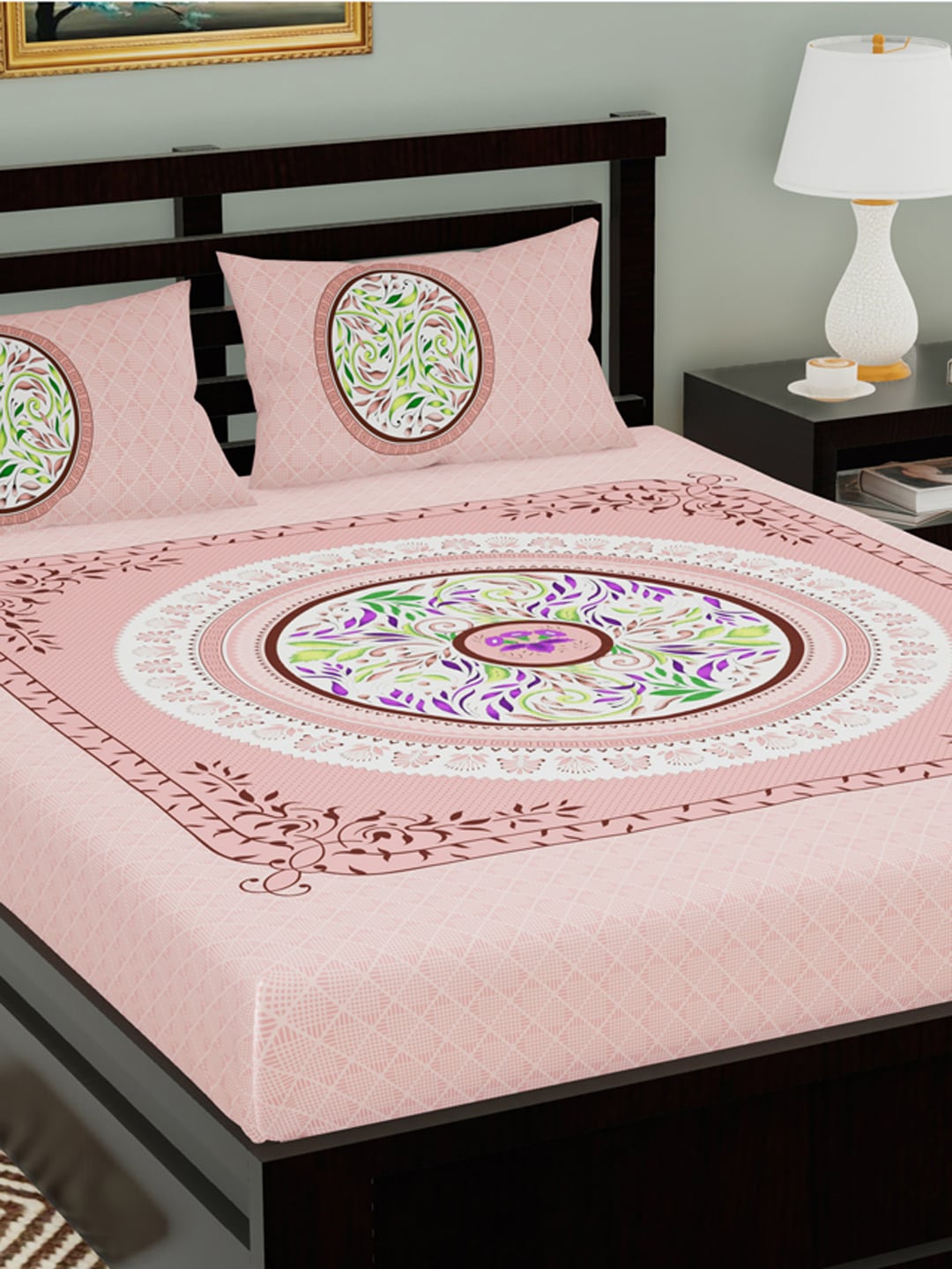 Urban Magic Peach 104 TC Cotton Printed Double Bedsheet with 2 pillow covers Price in India