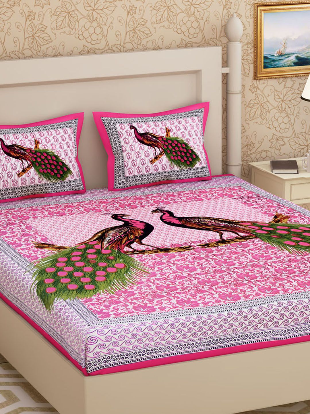 Urban Magic Pink & Green Ethnic Motifs 104 TC Queen Bedsheet with 2 Pillow Covers Price in India