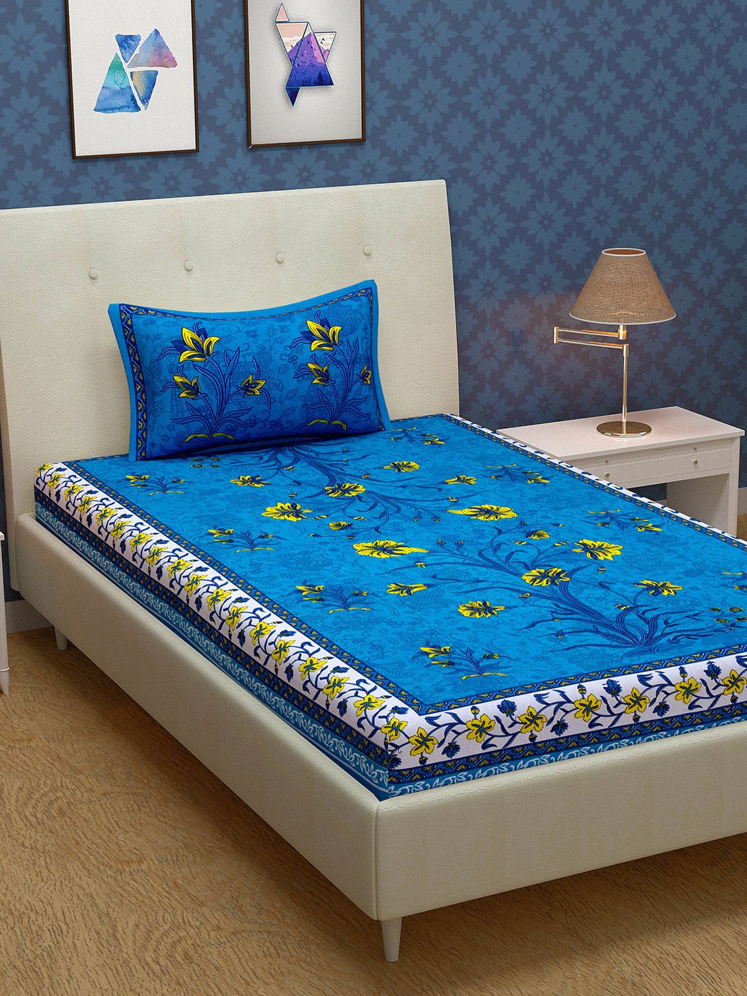 Urban Magic Blue & Mustard Floral 104 TC Single Bedsheet with 1 Pillow Cover Price in India