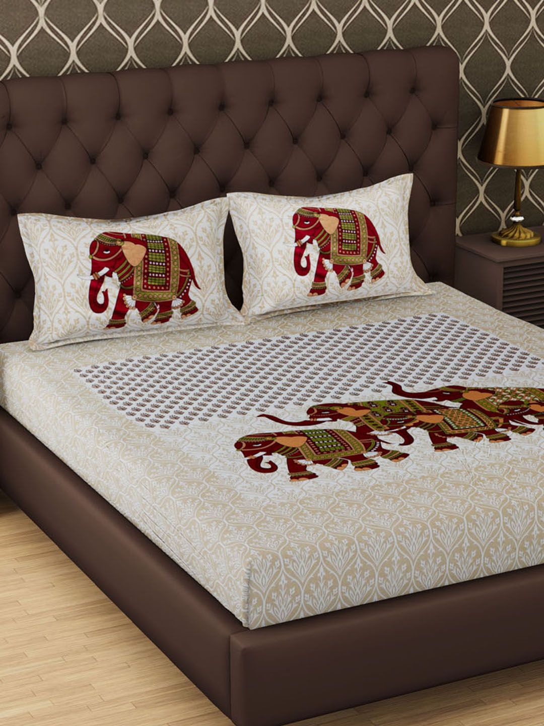 Urban Magic White & Brown Ethnic Motifs 104 TC Queen Bedsheet with 2 Pillow Covers Price in India