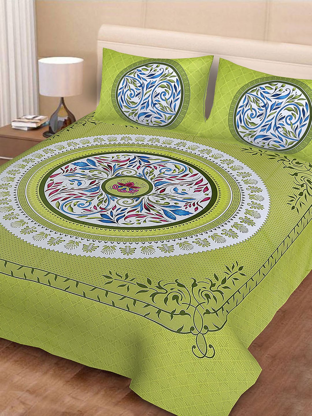 Urban Magic Green & White Ethnic Motifs 104 TC Queen Bedsheet with 2 Pillow Covers Price in India
