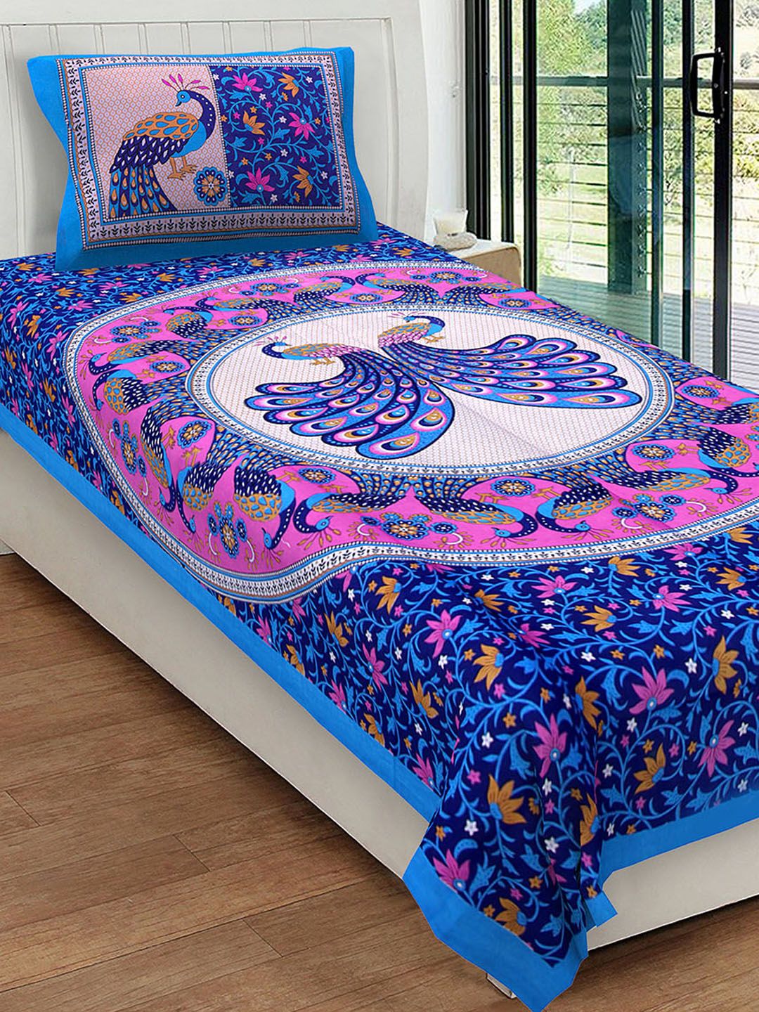 Urban Magic Blue & Purple Ethnic Motifs 104 TC Single Bedsheet with 1 Pillow Cover Price in India