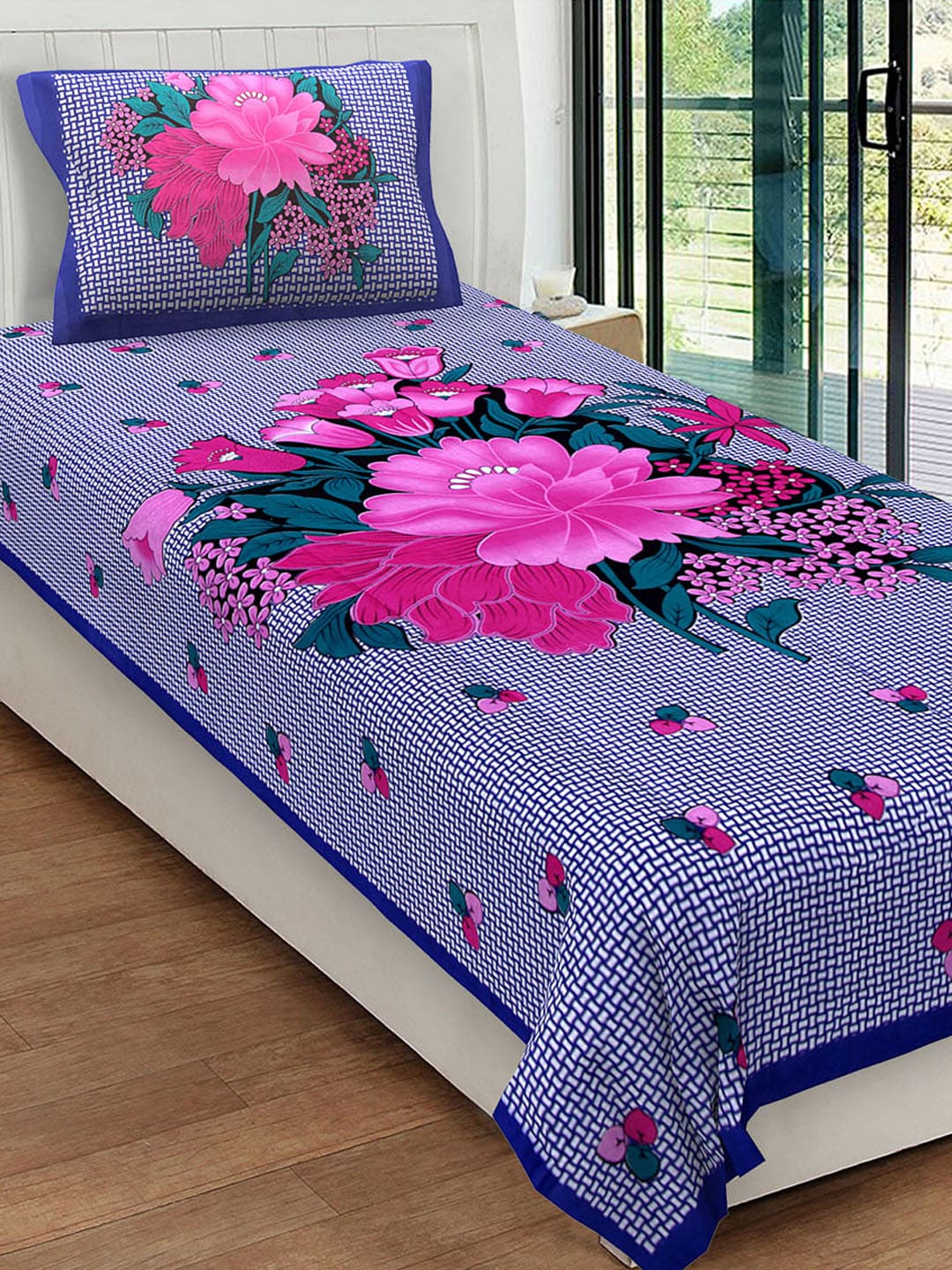 Urban Magic Navy Blue & White Floral 104 TC Single Bedsheet with 1 Pillow Covers Price in India