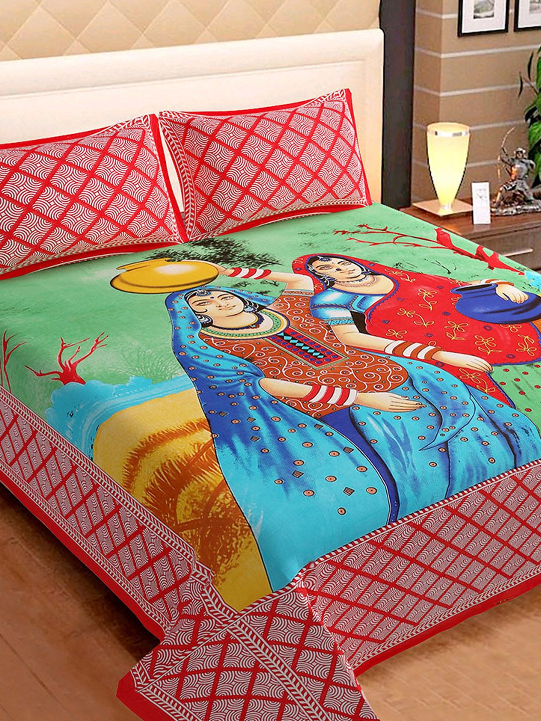 Urban Magic Red 104 TC Cotton Printed Double Bedsheet with 2 pillow covers Price in India