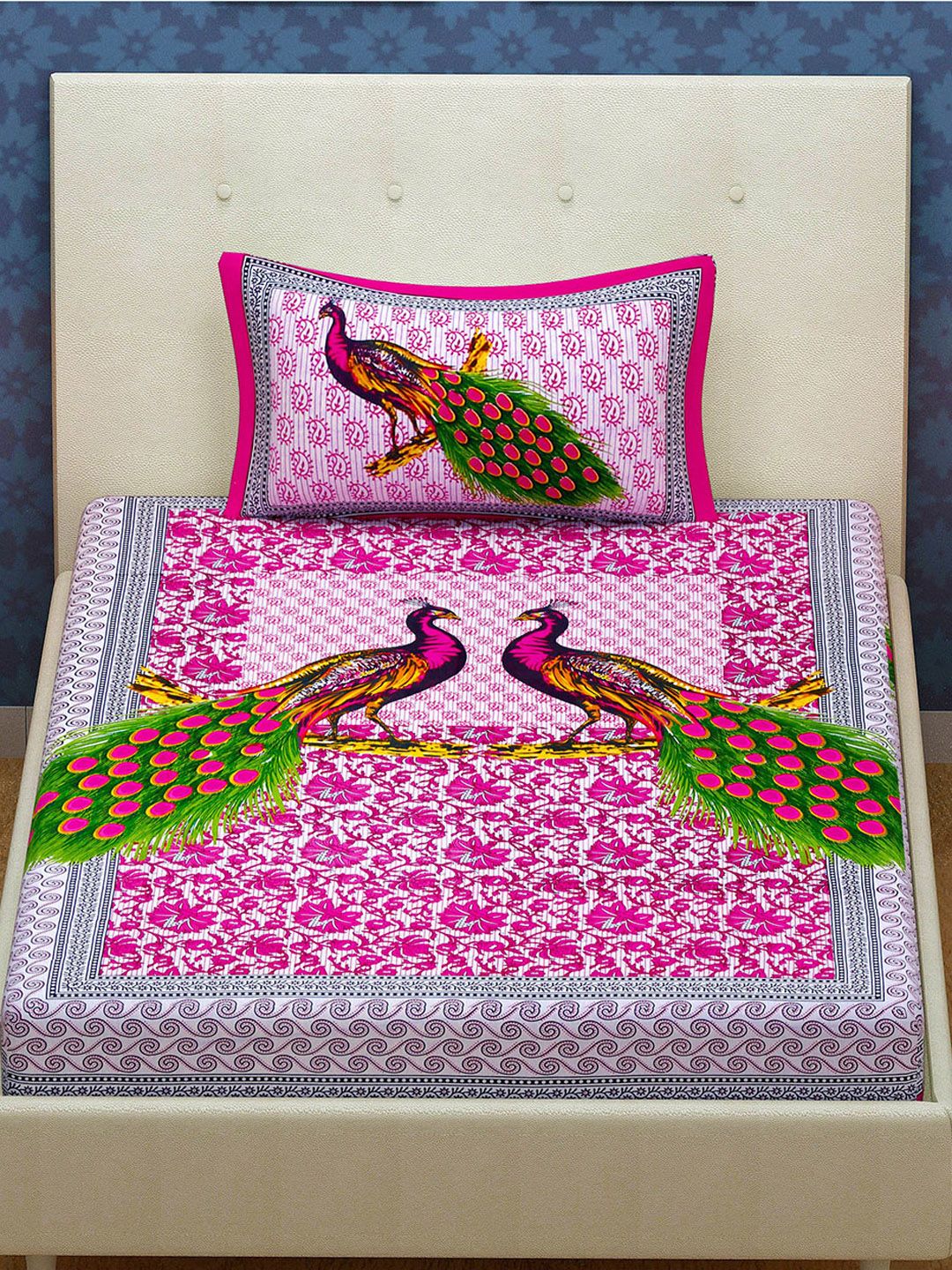 Urban Magic Pink & Green Ethnic Motifs 104 TC Single Bedsheet with 1 Pillow Covers Price in India
