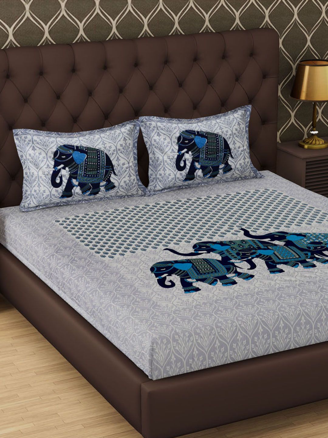 Urban Magic Grey & Blue Graphic 104 TC Queen Bedsheet with 2 Pillow Covers Price in India