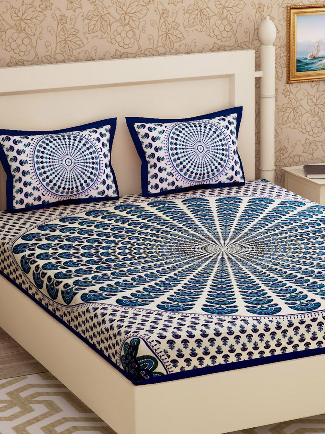 Urban Magic Blue & White Ethnic Motifs 104 TC Queen Bedsheet with 2 Pillow Covers Price in India