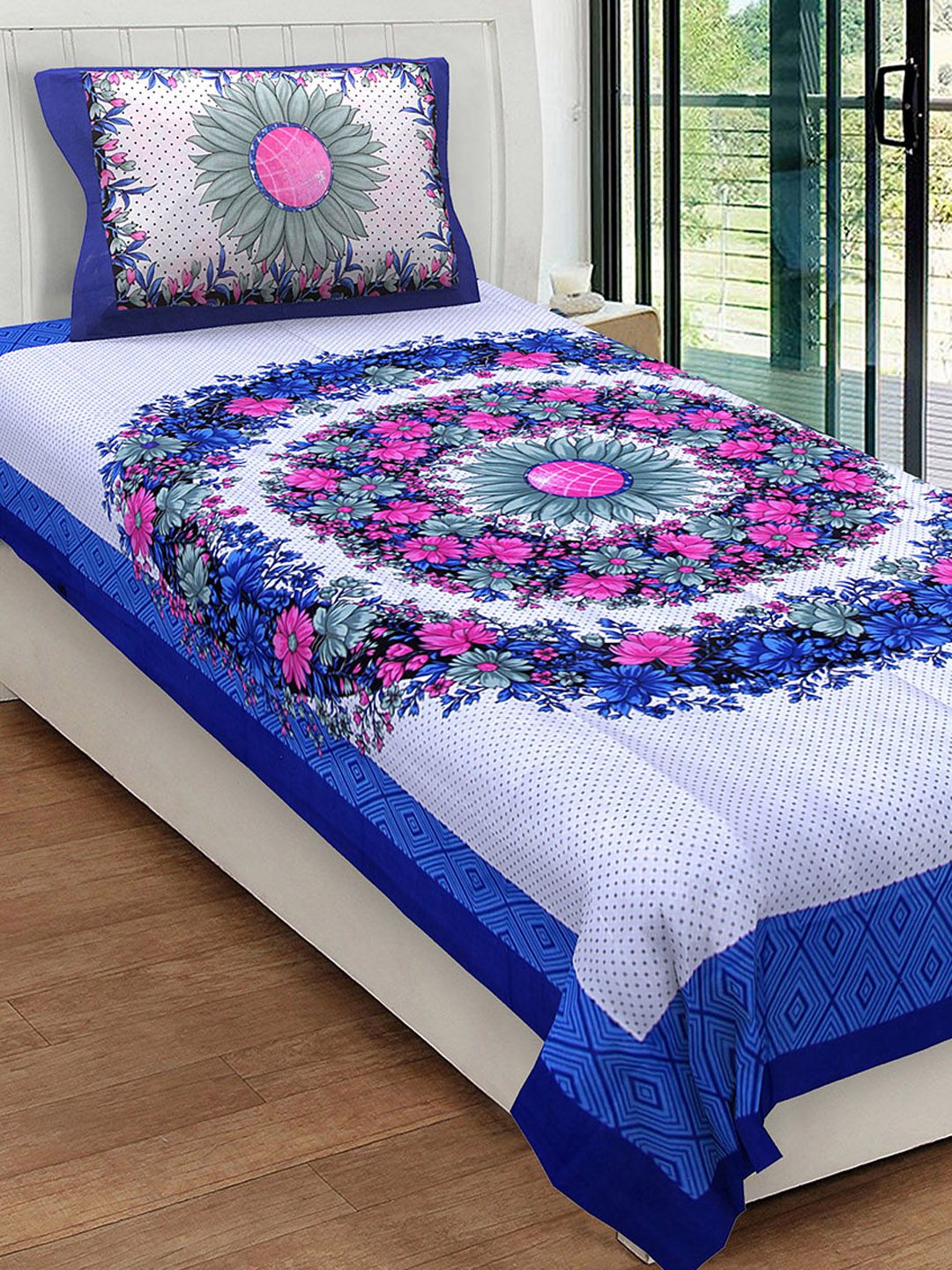 Urban Magic White & Blue Floral 104 TC Single Bedsheet with 1 Pillow Covers Price in India