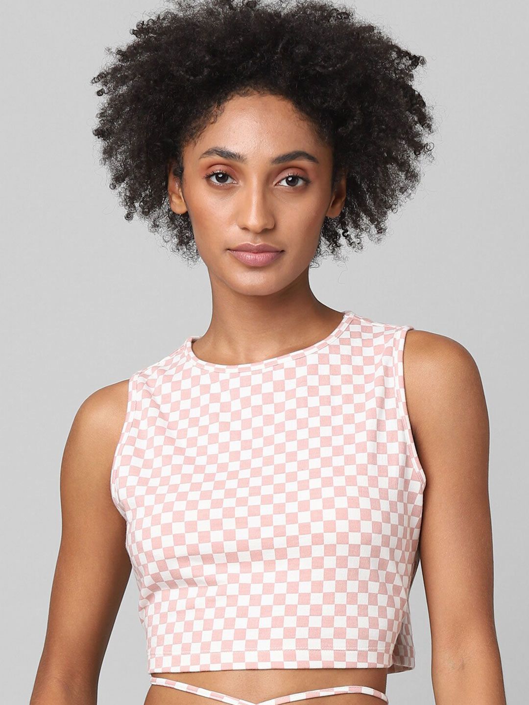 ONLY Pink Women Checked Crop Top Price in India