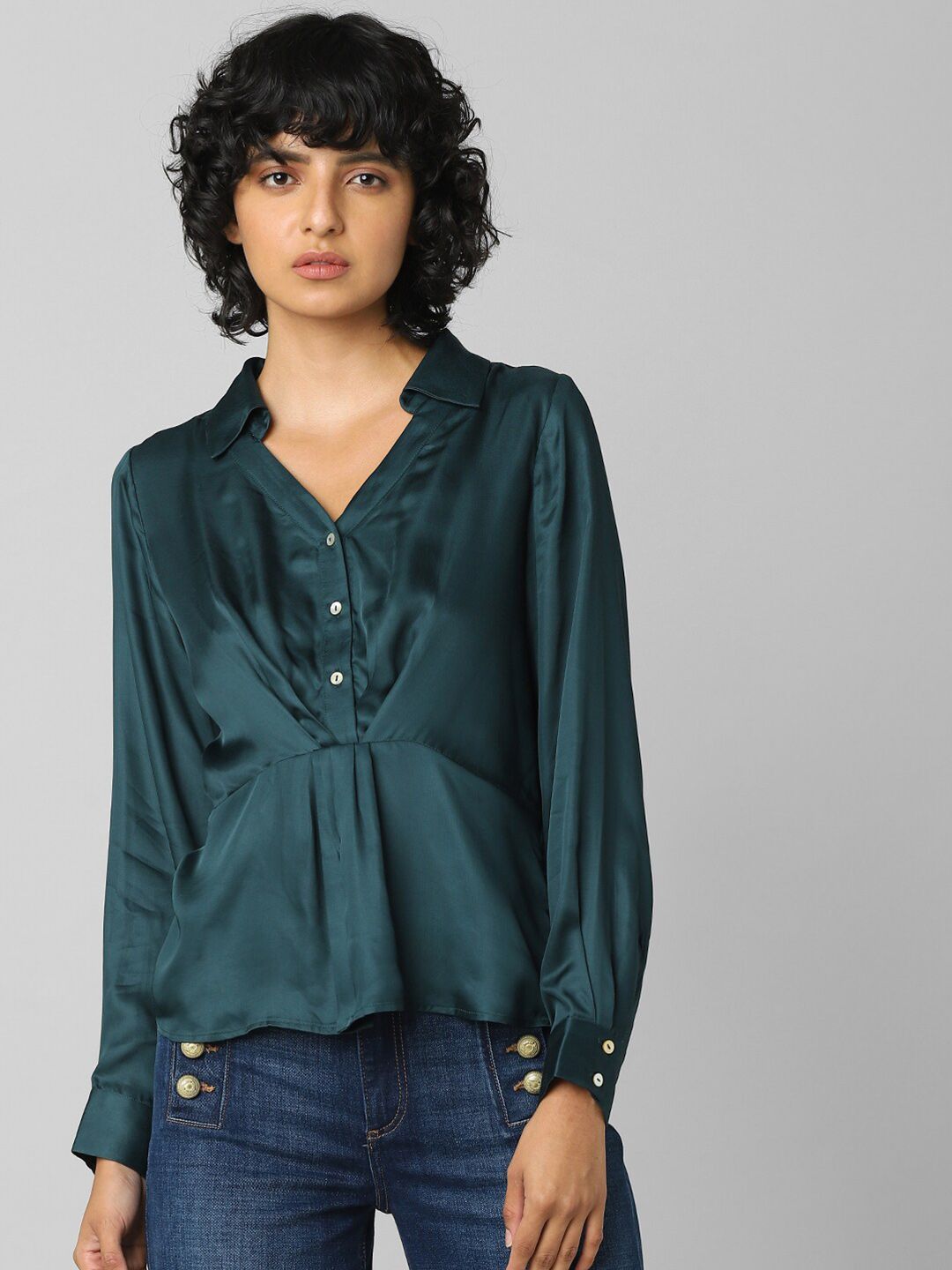 ONLY Women Green Solid Shirt Style Top Price in India