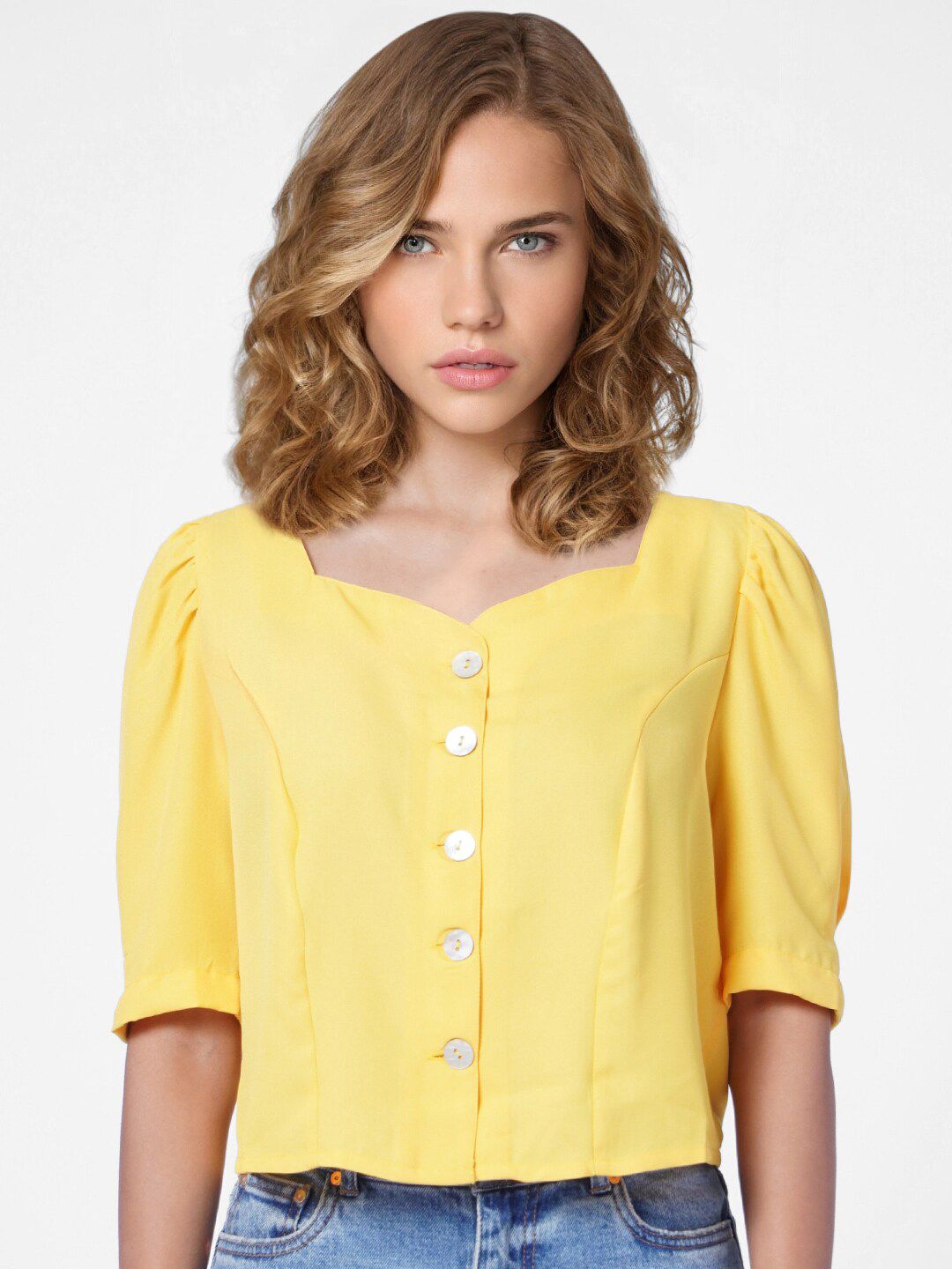 ONLY Yellow Solid Crop Top Price in India