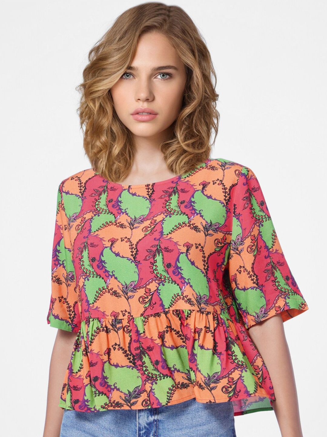 ONLY Red & Green Floral Print Top Price in India