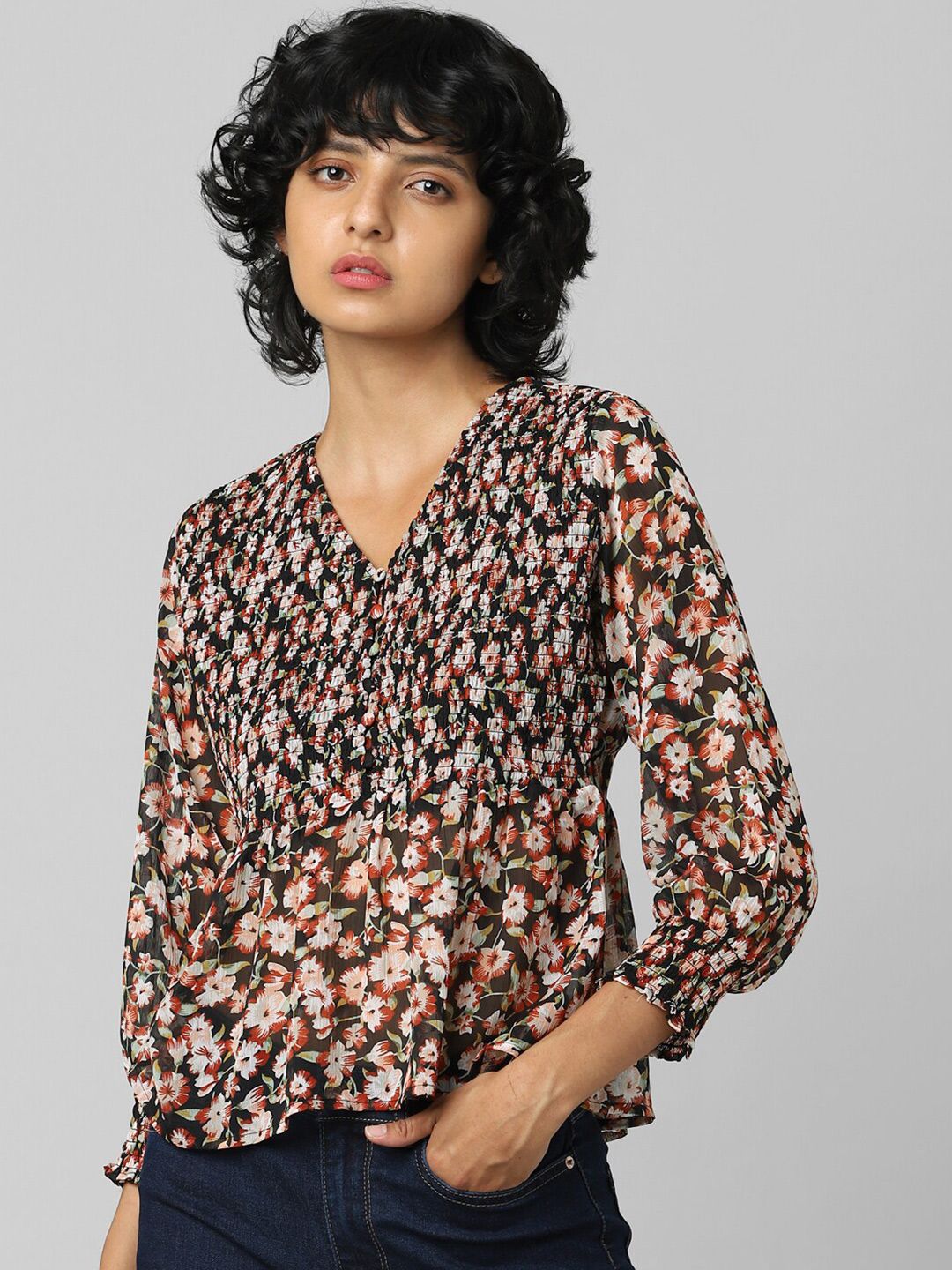 ONLY Black & Orange Floral Printed Shirt Style Top Price in India