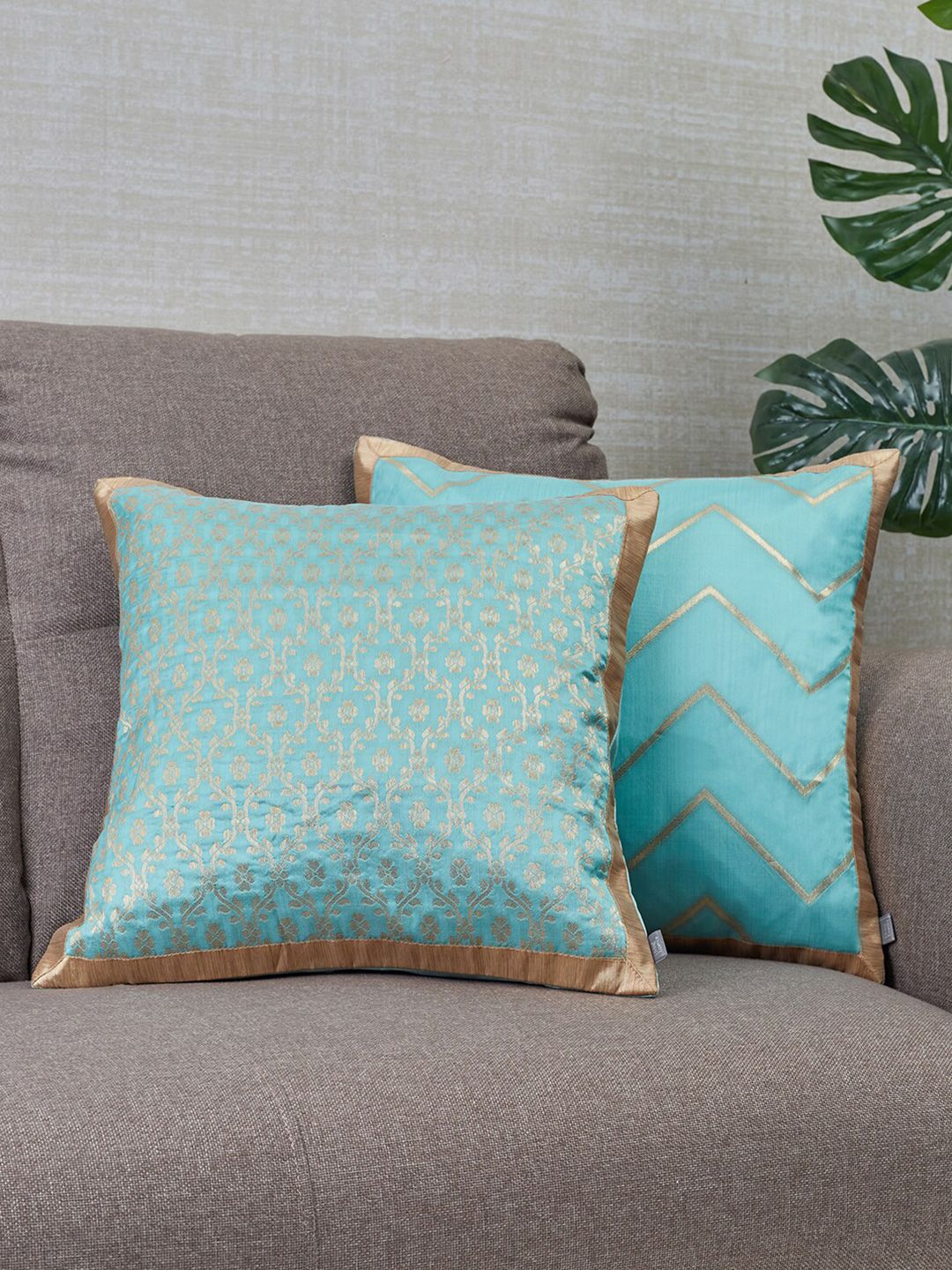 HomeTown Blue & Gold-Toned Pack of 2 Geometric Square Cushion Covers Price in India
