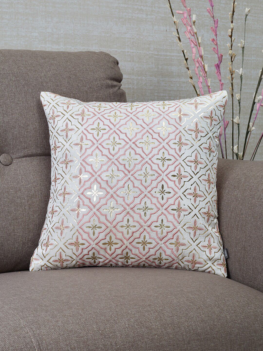 HomeTown Pink & Off White Geometric Square Cushion Covers Price in India