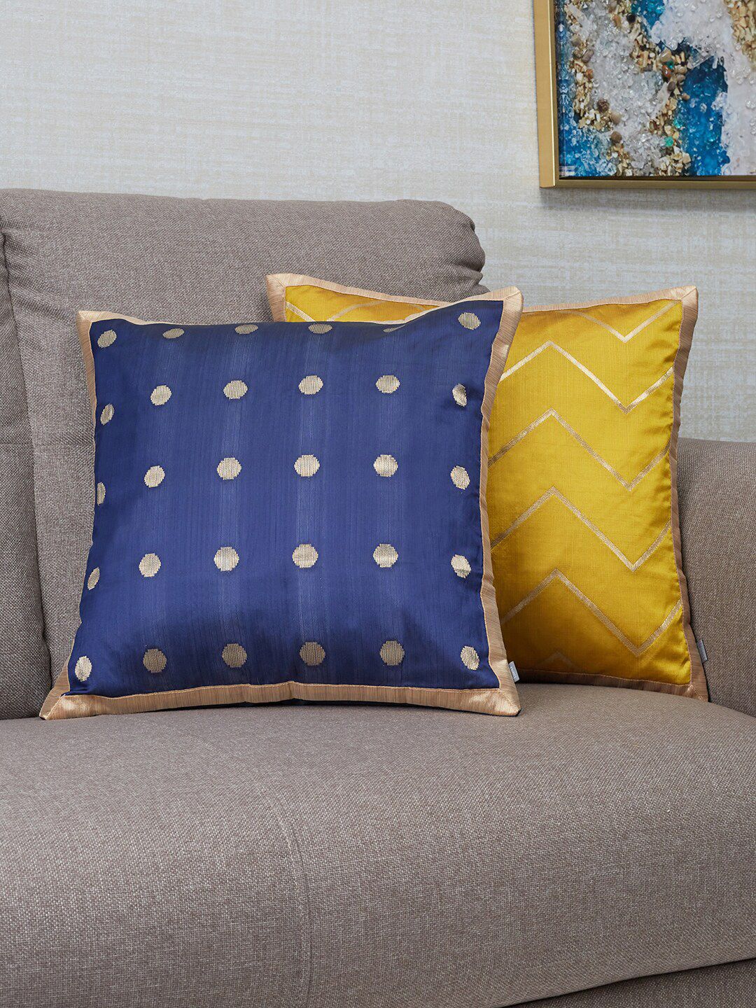 HomeTown Set of 2 Blue & Yellow Abstract Square Cushion Covers Price in India