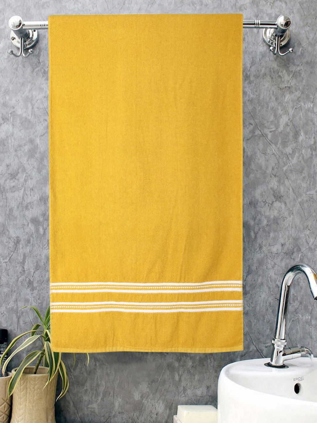 ROMEE Unisex Set Of 2 Yellow & White Striped 500 GSM Bath Towels Price in India