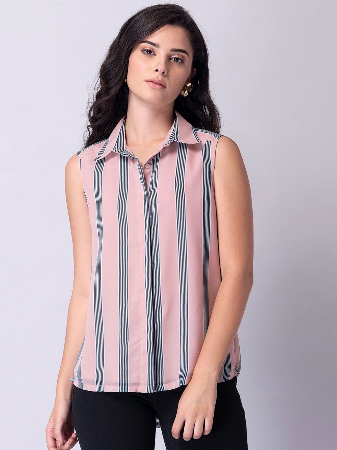 FabAlley Pink Striped Georgette Shirt Style Top Price in India