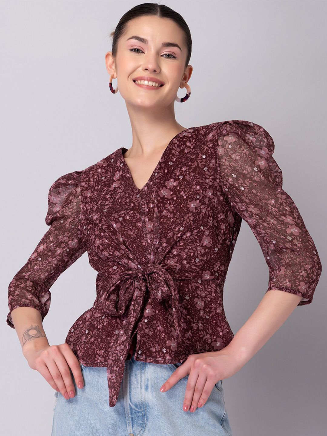 FabAlley Maroon Floral Print Georgette Cinched Waist Top Price in India