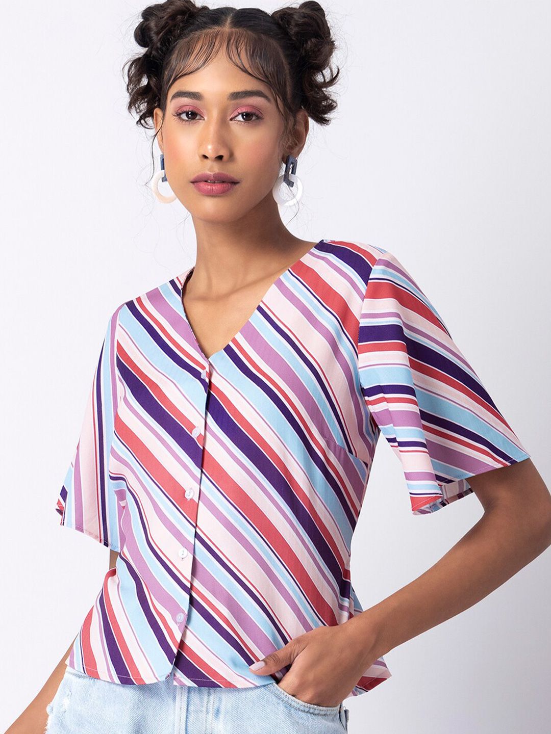 FabAlley Multicoloured Striped Shirt Style Top Price in India