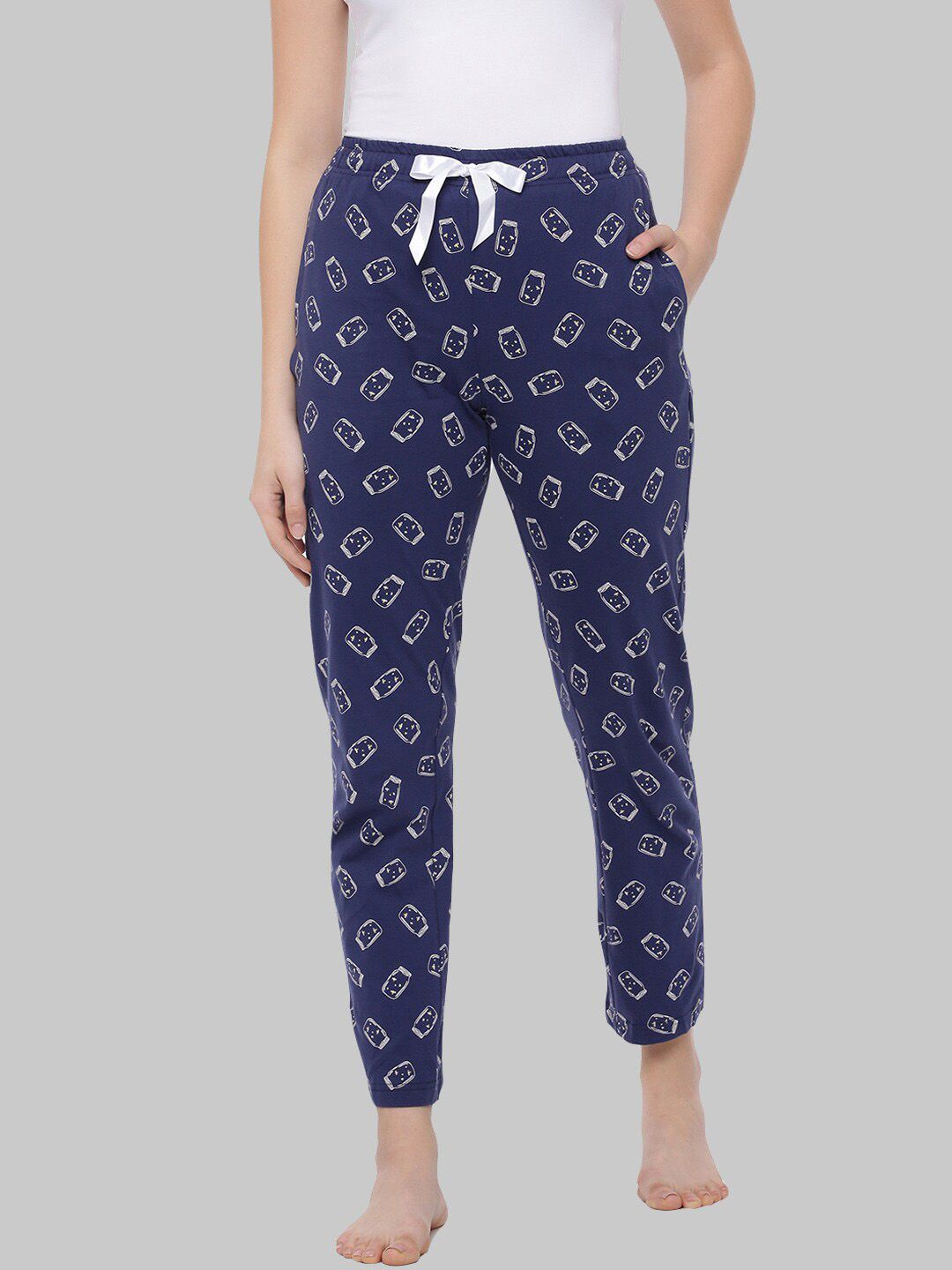 Dollar Missy Women Navy Blue Printed Pure Cotton Lounge Pants Price in India