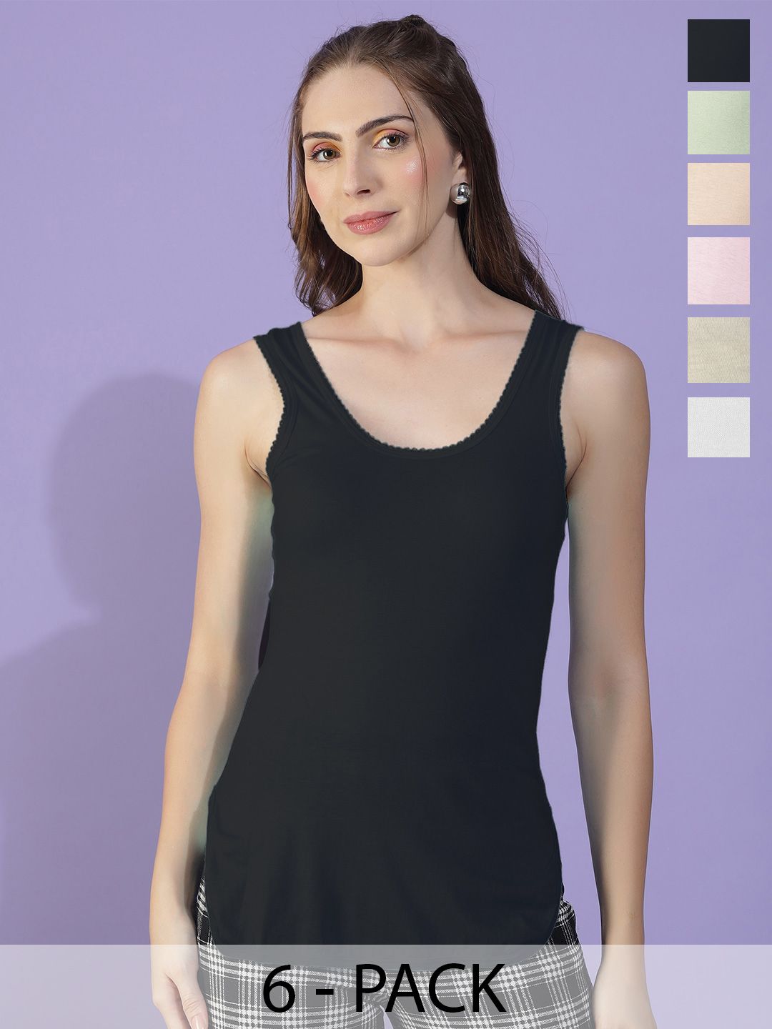 Dollar Missy Pack of 6  Combed Cotton Camisole MMBB-341#R3#S2-BLK-WH-SK-LO-LP-LG-PO6