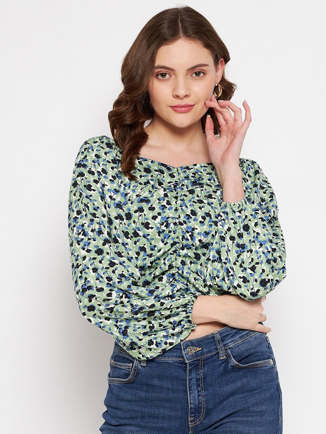 CAMLA Green Floral Print Crop Top Price in India