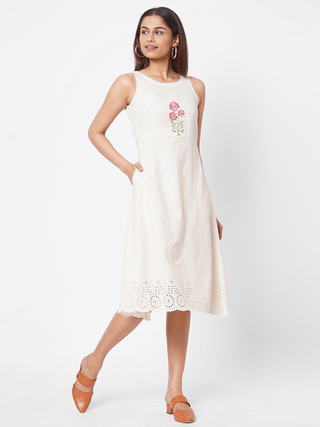 KAMI KUBI White A-Line Cotton Midi Dress Price in India