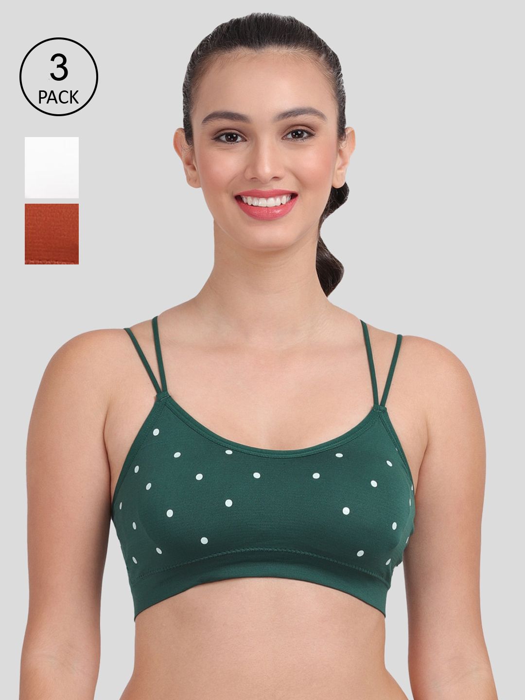 Amour Secret Pack of 3 Green & White Lightly Padded Sports Bra Price in India