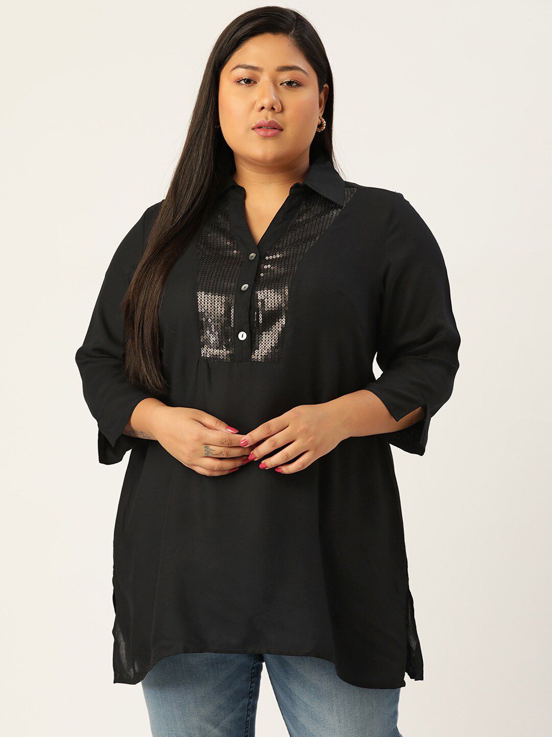 theRebelinme Plus Size Women's Black Solid Color Longline Top With Sequin Detail Price in India