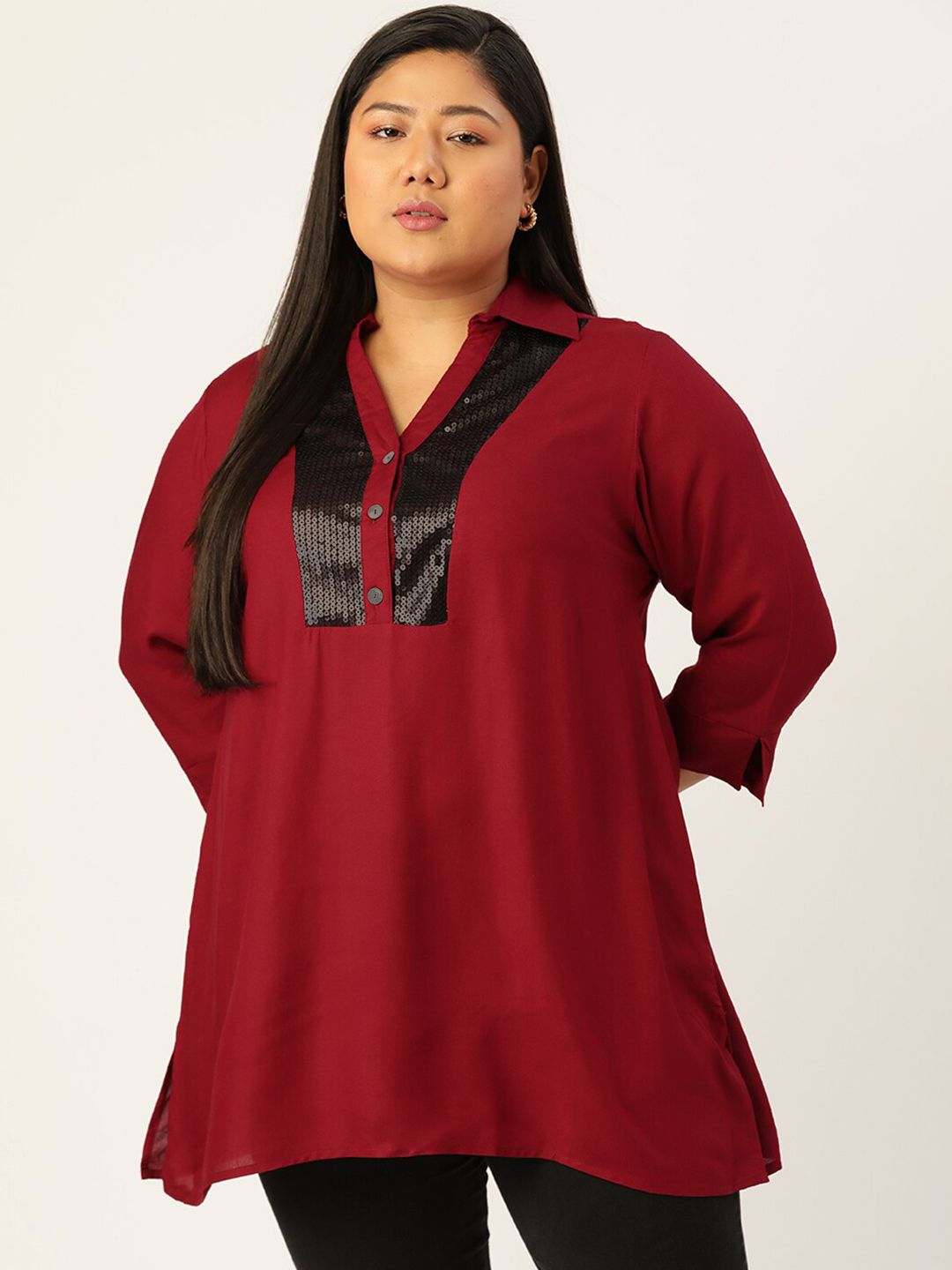 theRebelinme Plus Size Women's Maroon Solid Color Longline Top With Sequin Detail Price in India