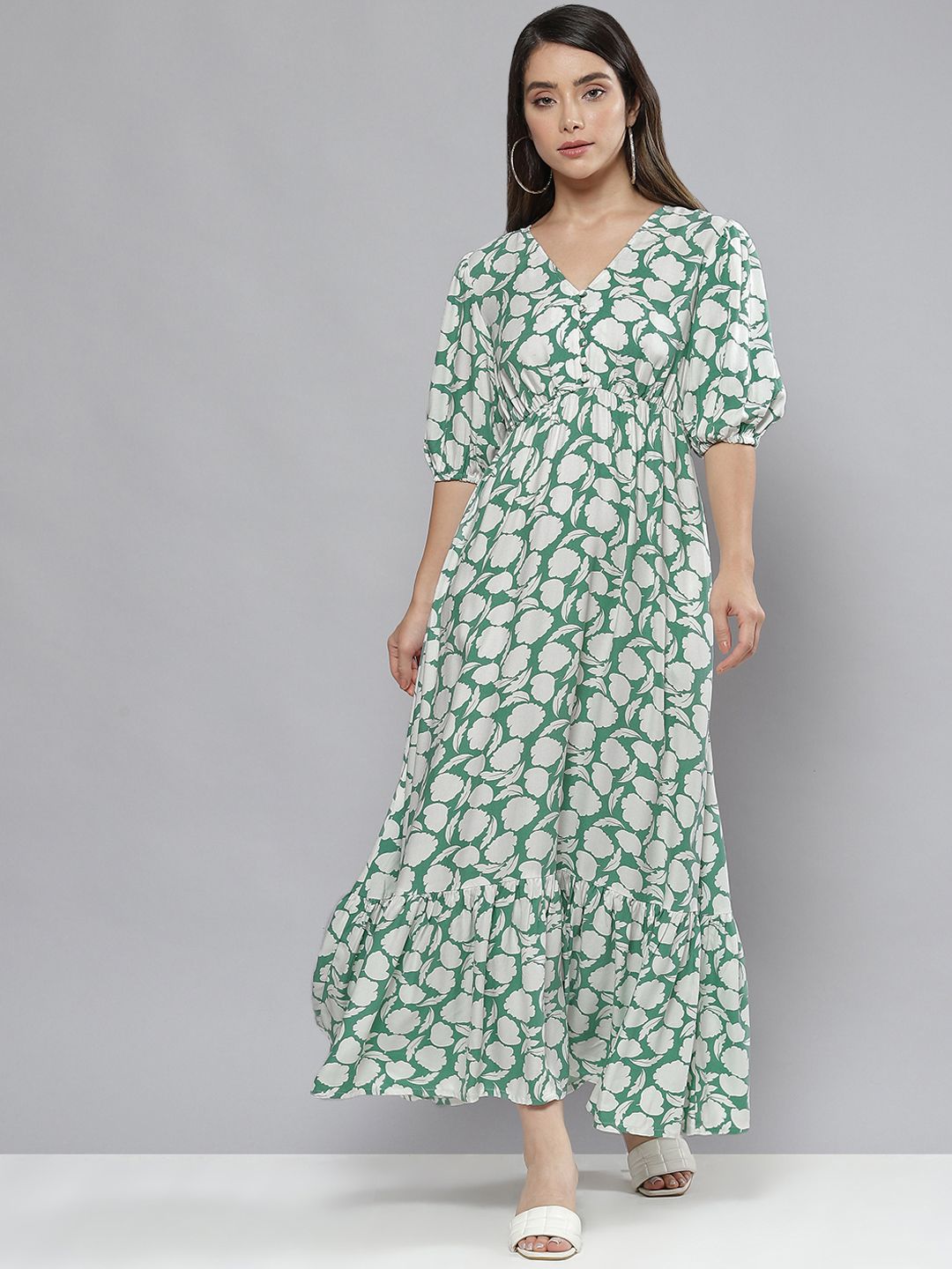 Buy FEMMELLA Green & White Floral Tiered Maxi Dress - Dresses for Women  19624106 | Myntra