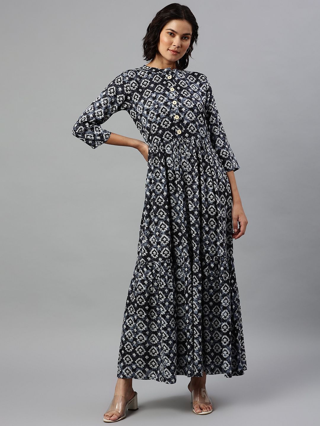 Cottinfab Grey & White Ethnic Motifs Maxi Dress Price in India