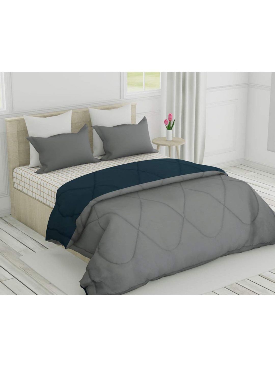 haus & kinder Teal & Grey Microfiber AC Room 150 GSM Single Bed Reversible Comforter Price in India
