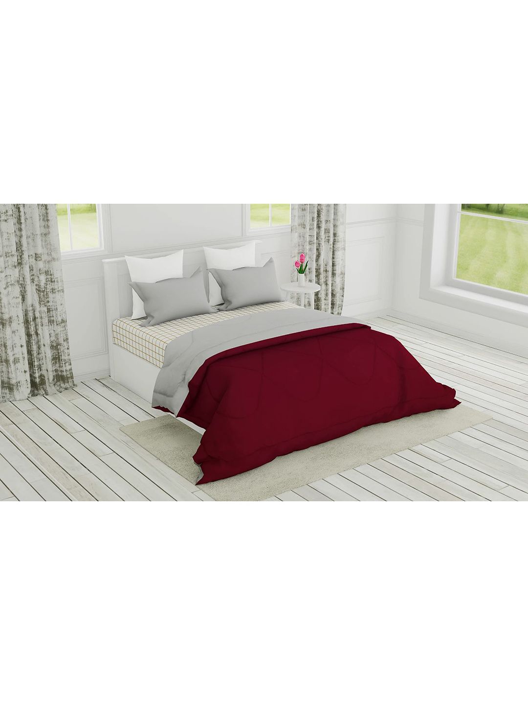 haus & kinder Maroon & Grey Microfiber AC Room 150 GSM Double Bed Reversible Comforter Price in India