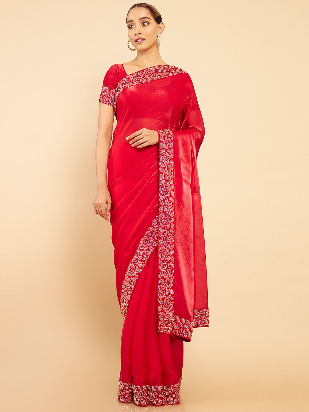 Soch Red & Silver-Toned Beads and Stones Organza Saree Price in India