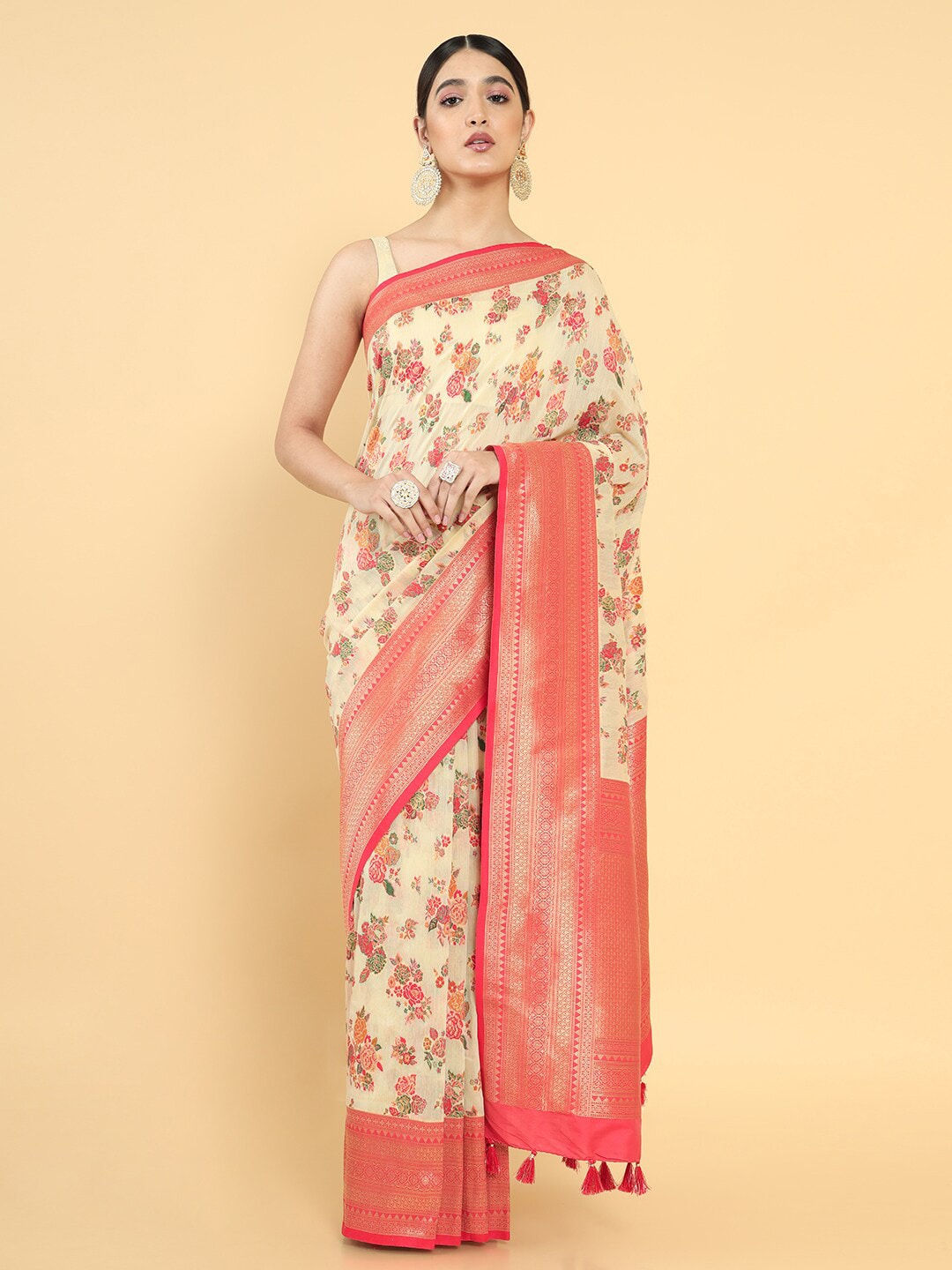 Soch Beige & Pink Floral Zari Silk Blend Tussar Saree Price in India