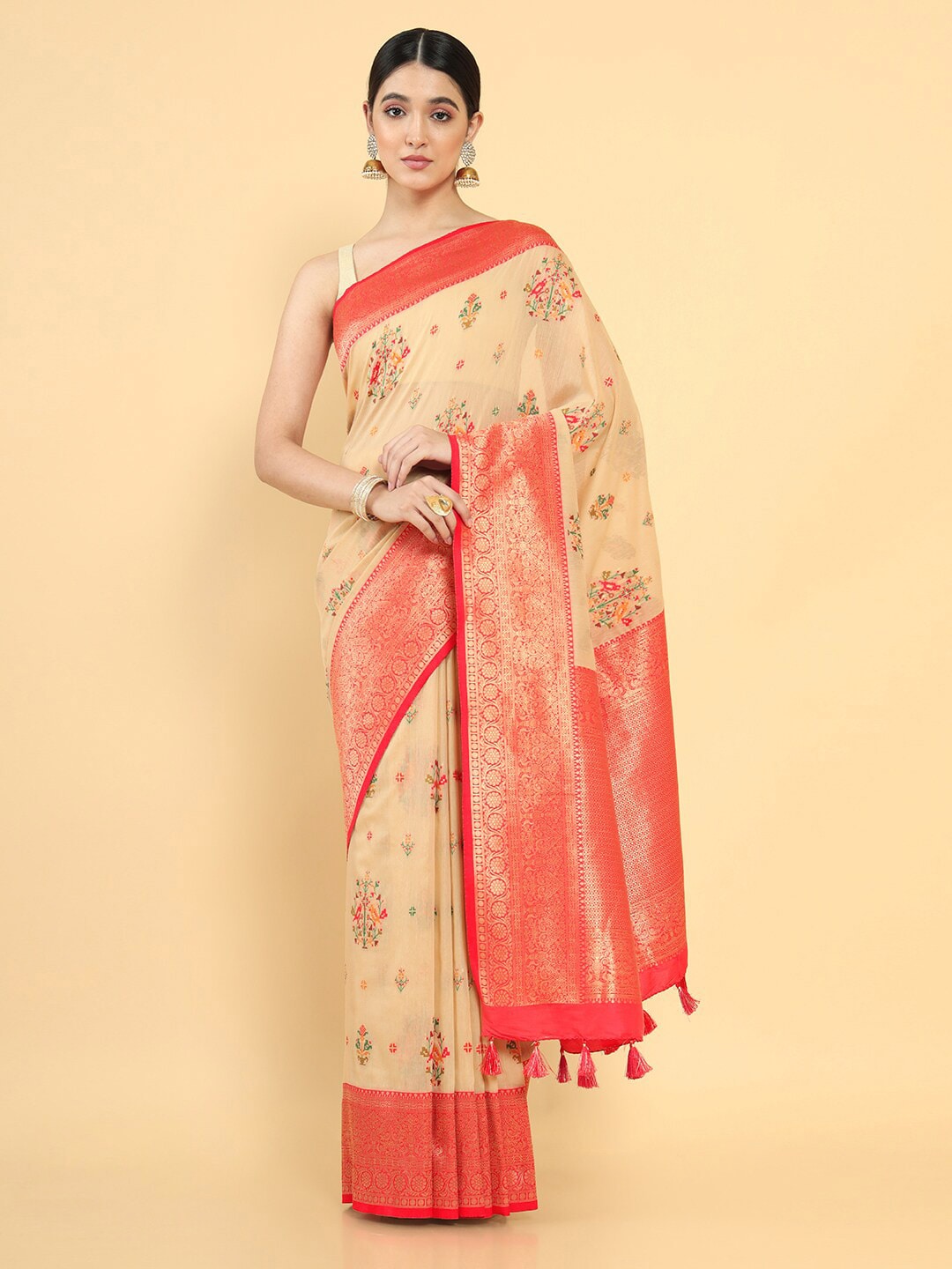 Soch Beige & Red Woven Design Silk Blend Saree Price in India