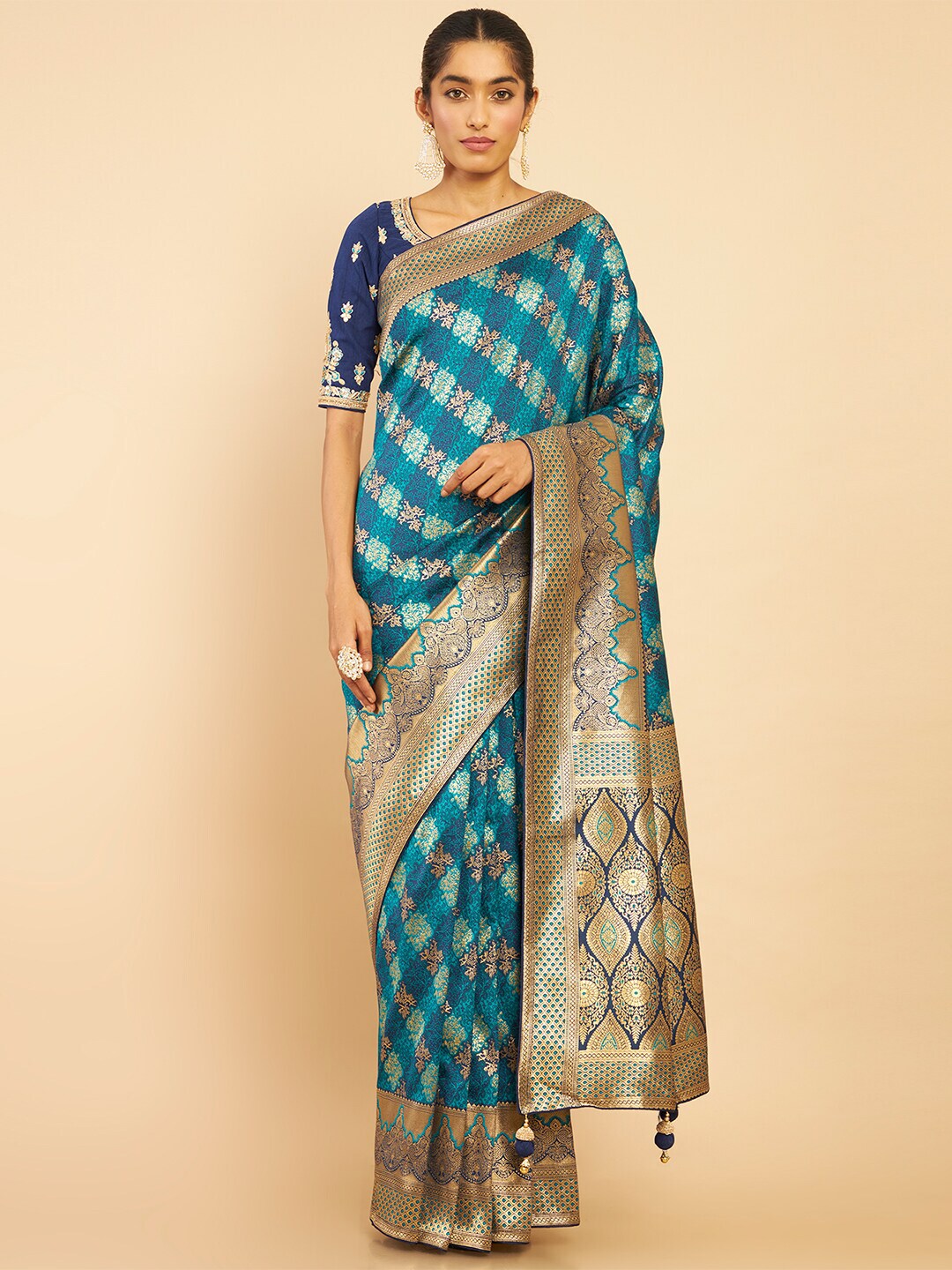 Soch Teal & Navy Blue Woven Design Zari Silk Blend Tussar Saree Price in India
