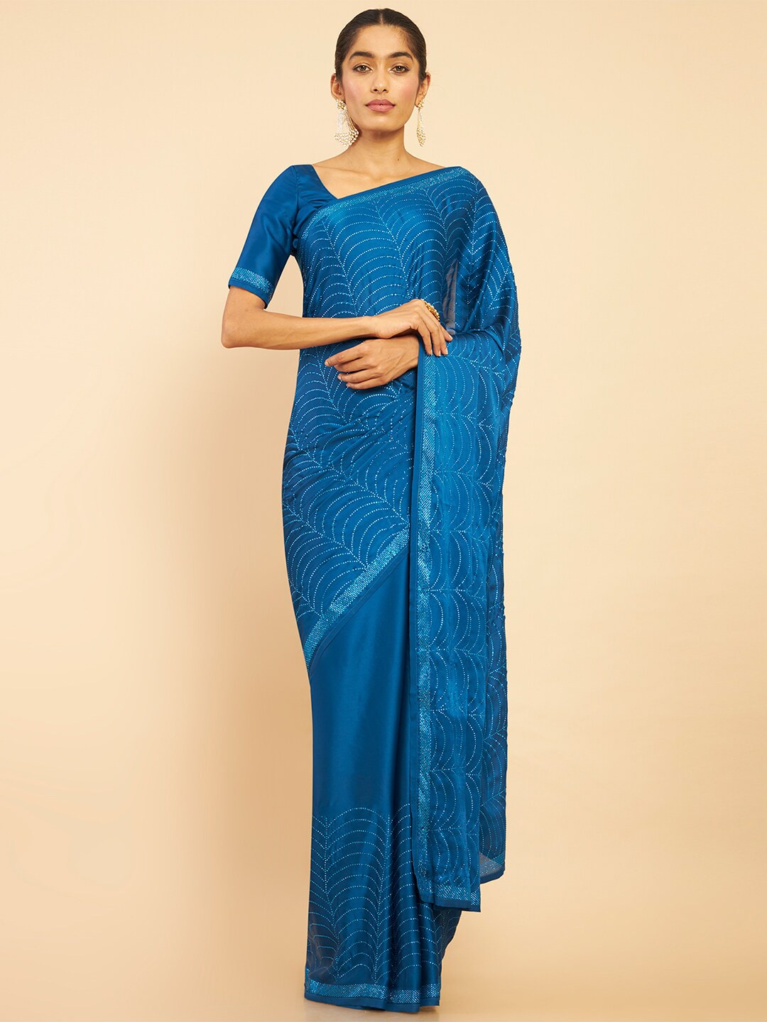 Soch Blue & Silver-Toned Embellished Pure Crepe Saree Price in India