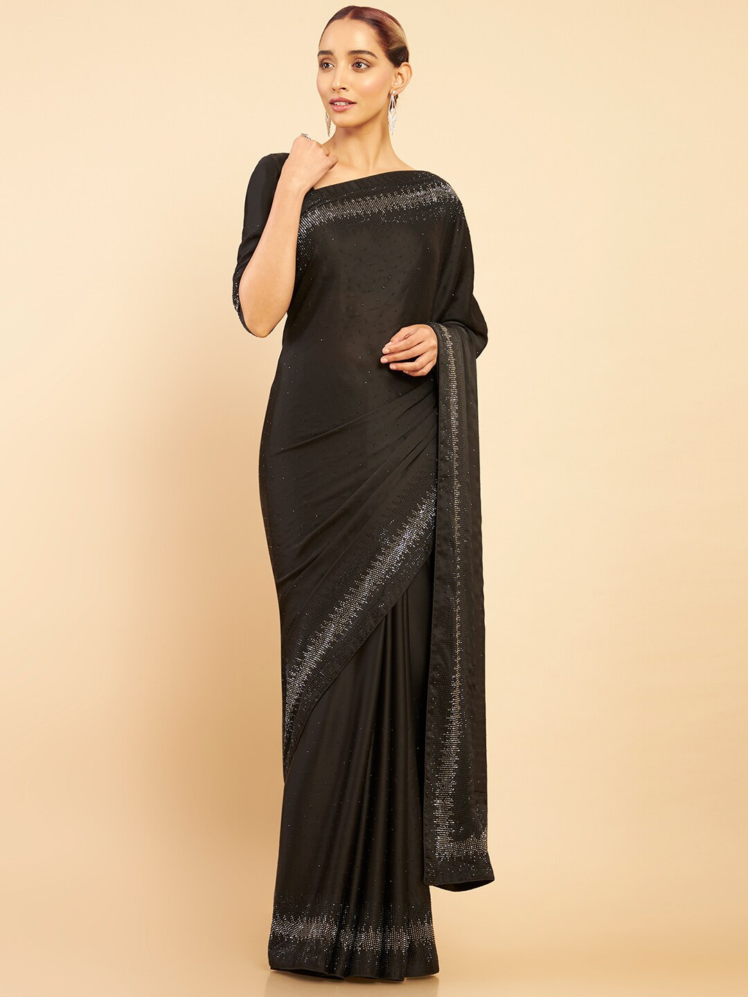 Soch Black & Silver-Toned Embellished Pure Crepe Saree Price in India