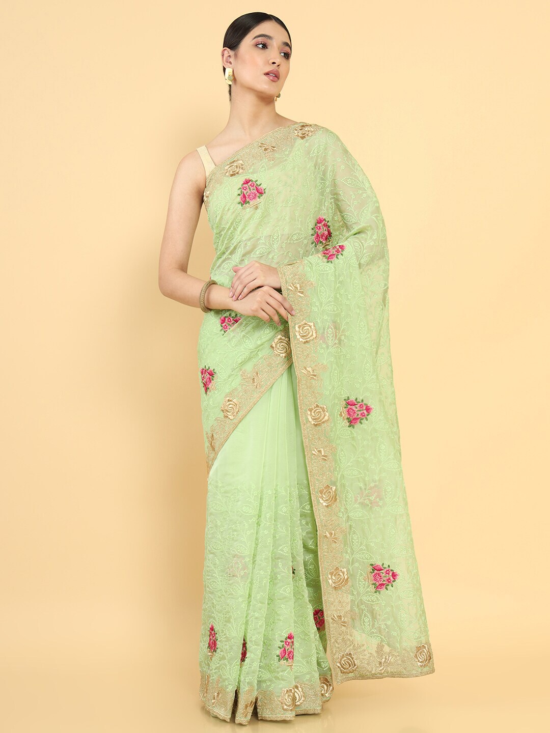 Soch Green & Pink Floral Embroidered Organza Saree Price in India