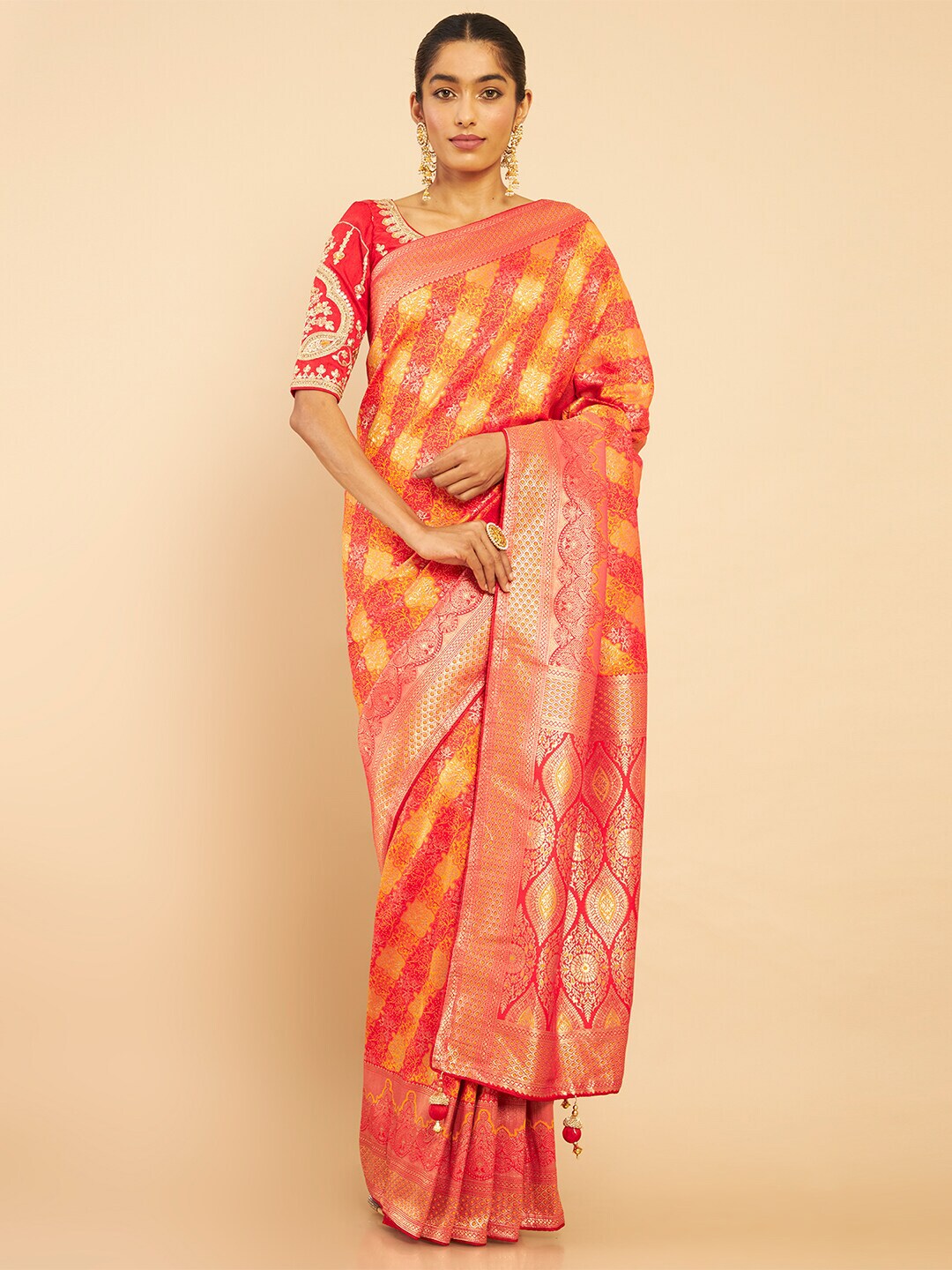 Soch Orange & Yellow Woven Design Zari Silk Blend Tussar Saree Price in India