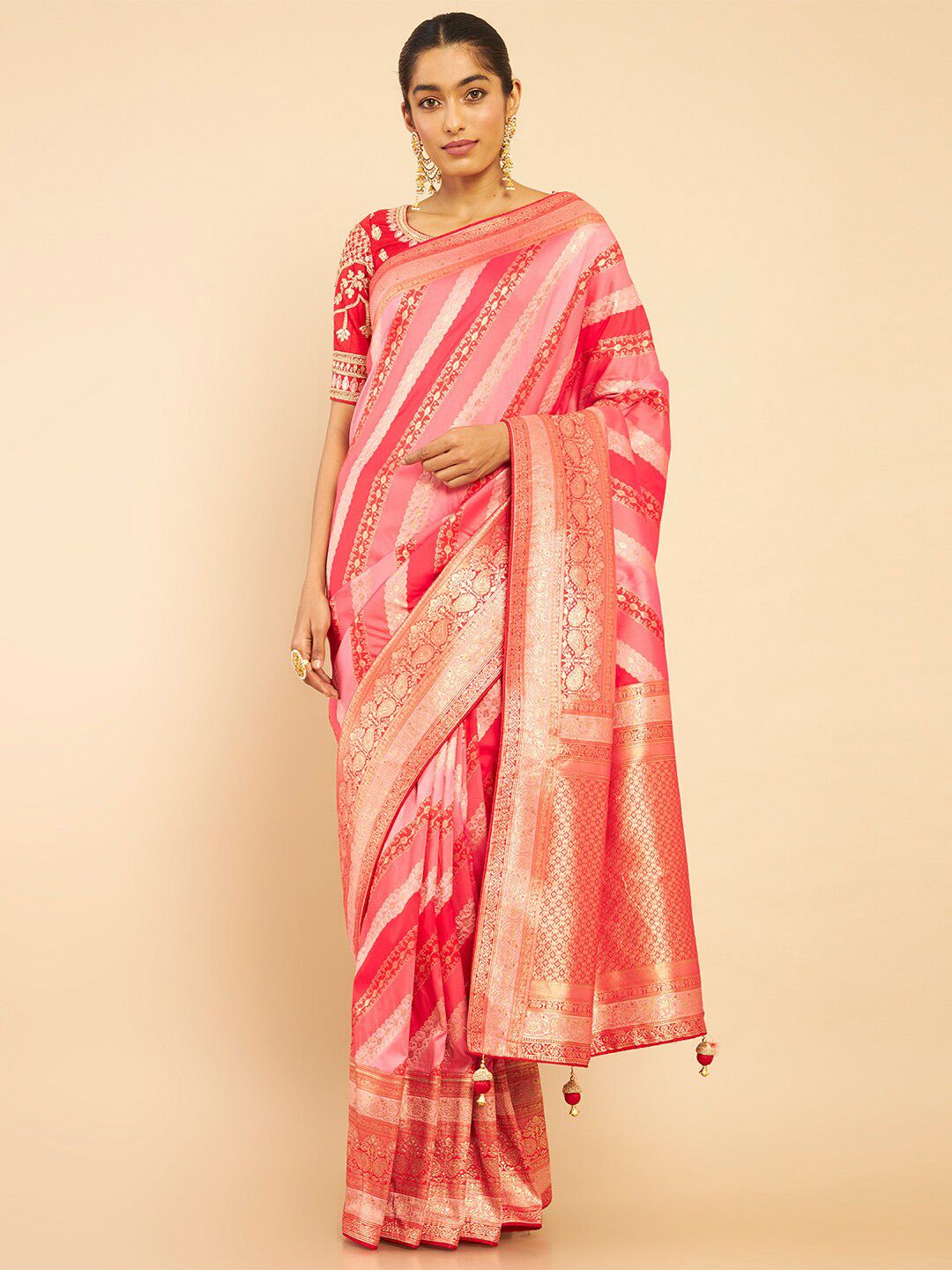 Soch Coral & Gold-Toned Woven Design Zari Silk Blend Tussar Saree Price in India