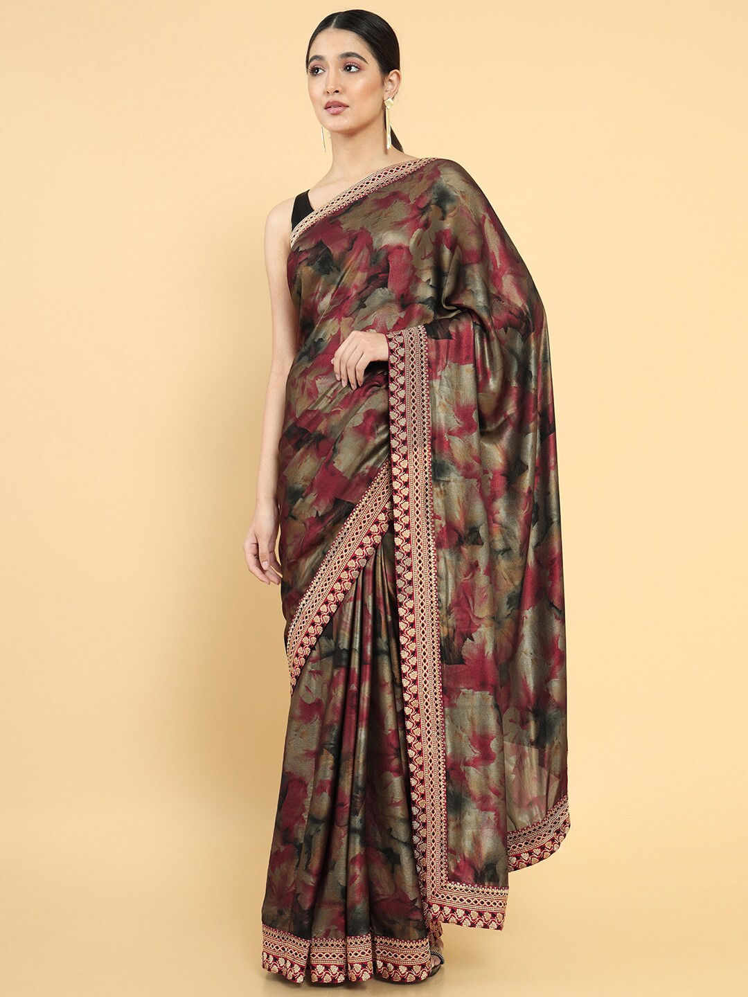 Soch Women Maroon & Black Floral Embroidered Pure Georgette Saree Price in India