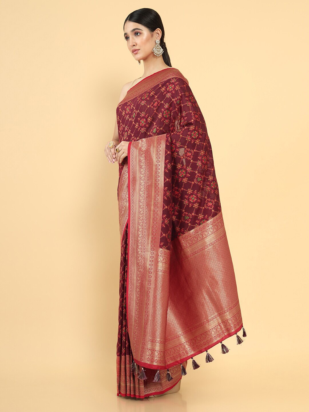 Soch Maroon & Gold-Toned Woven Design Zari Silk Blend Tussar Saree Price in India