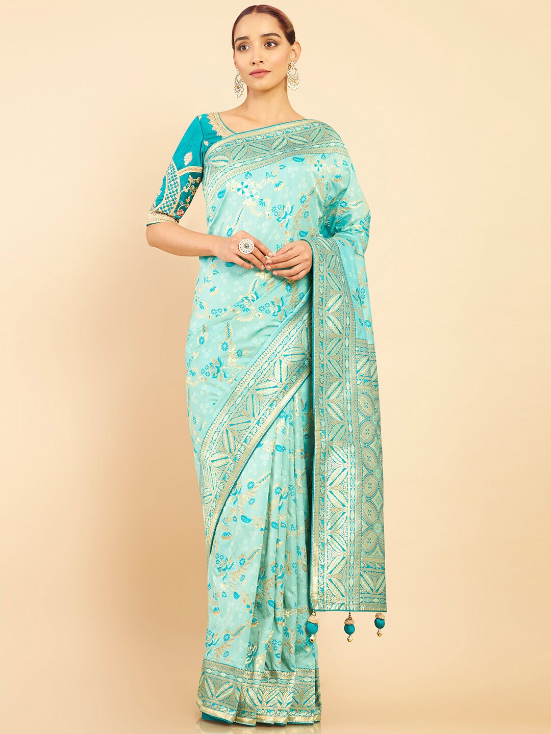Soch Teal & Gold-Toned Woven Design Zari Silk Blend Tussar Saree Price in India