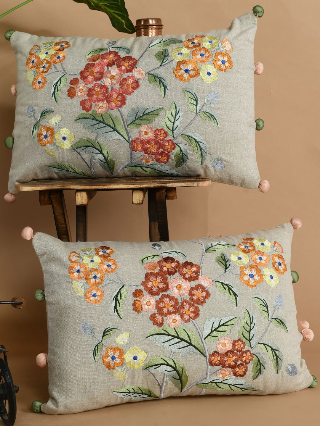 SHADES of LIFE Beige & Yellow Set of 2 Embroidered Rectangle Cushion Covers Price in India