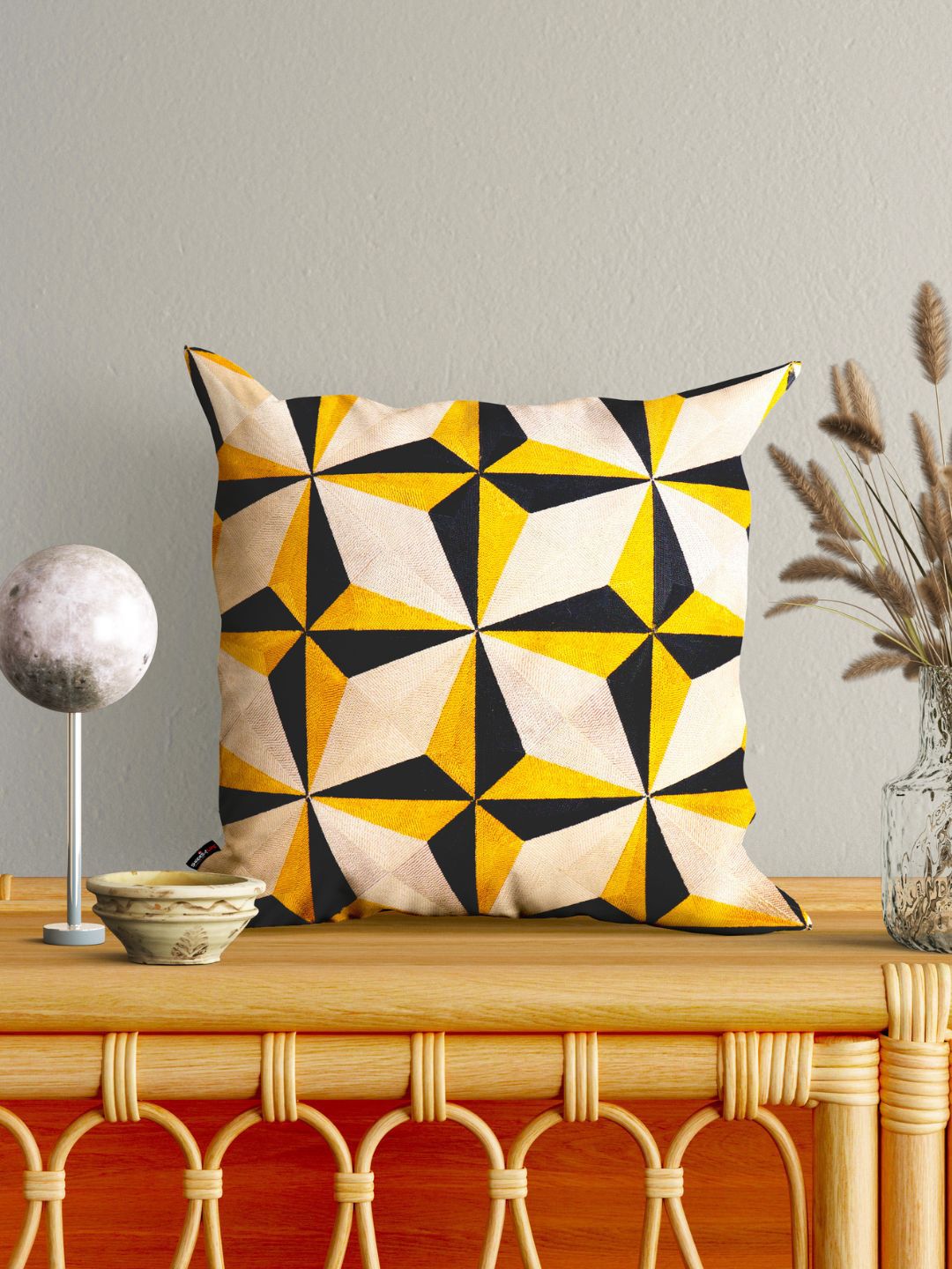 SHADES of LIFE Black & Yellow Set Of 2 Geometric Square Cushion Covers Price in India