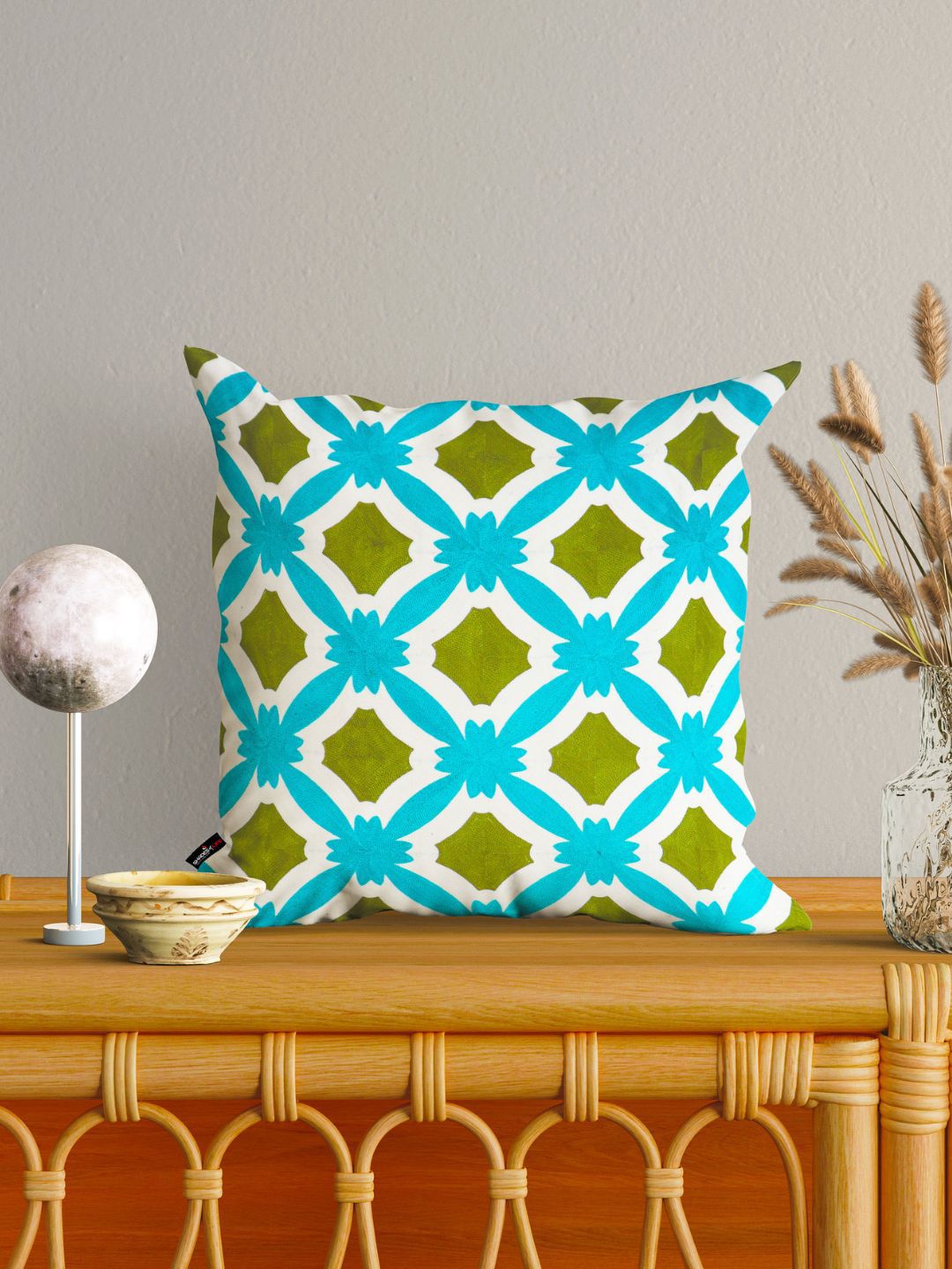 SHADES of LIFE Blue & Green Set of 2 Geometric Square Cushion Covers Price in India